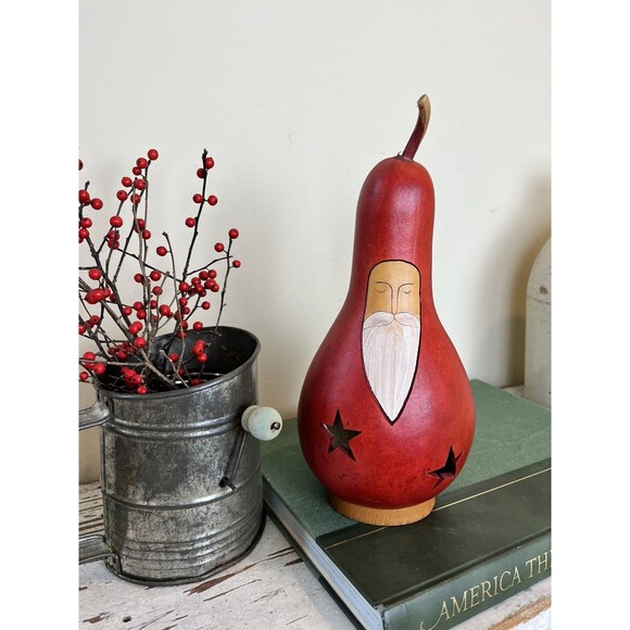 Vintage Old Saint Nick Hand Painted Gourd Christmas Folk Art / Holiday Decor - Picture 4 of 7